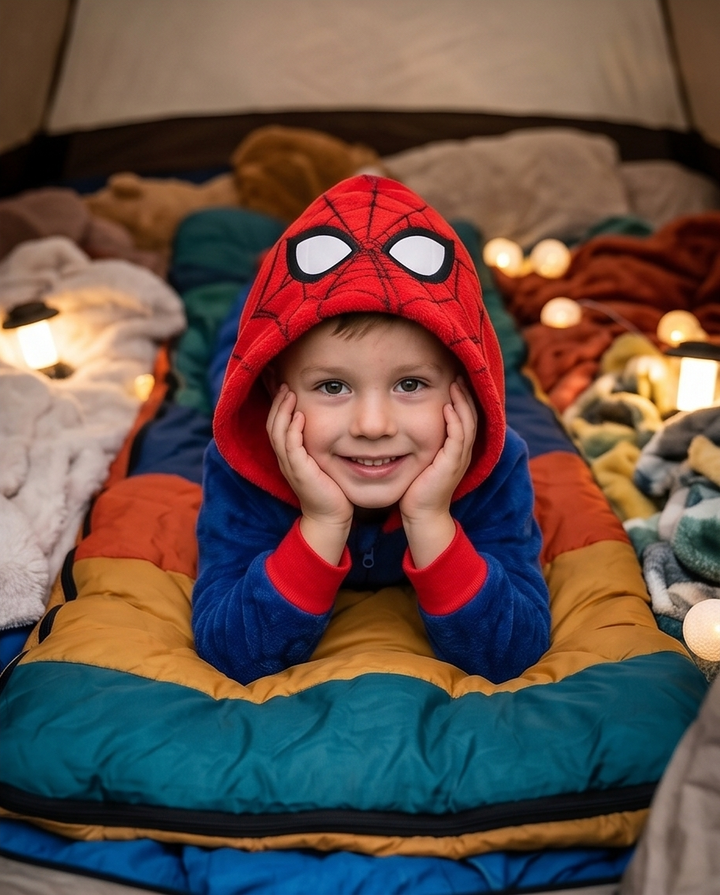 Spiderman kósýgalli — blár með rauðri hettu