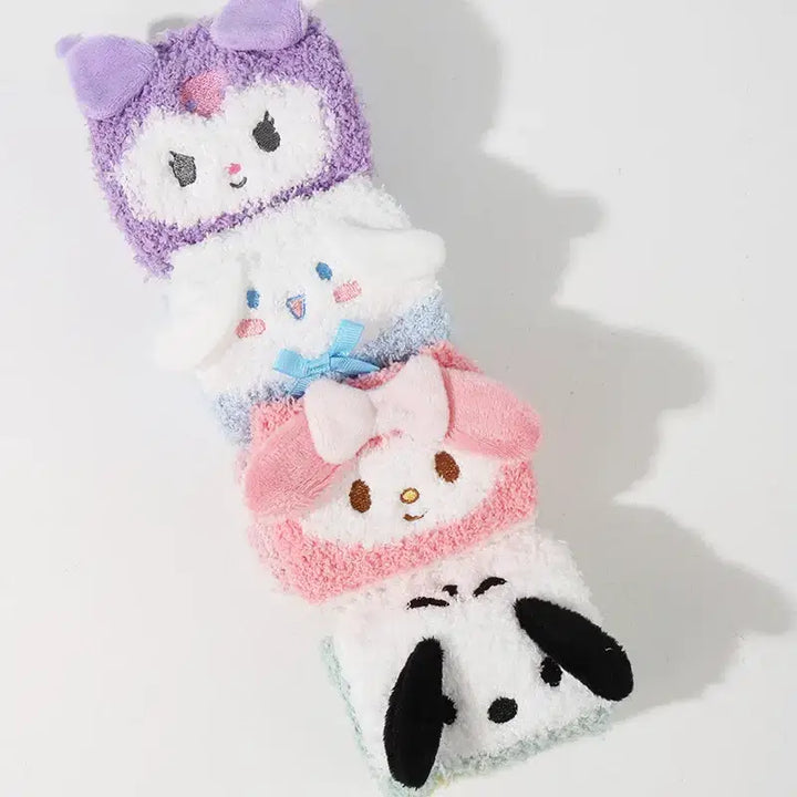 Kósýsokkar - Kumori og Melody - Cozy coral velvet home socks with cute cartoon designs, perfect for autumn and winter, women&